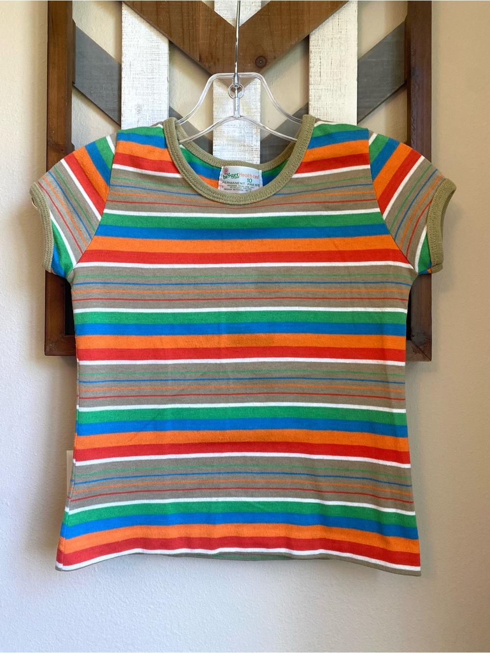 EUC VTG Tee Youth 10 Health Tex Bigger Size Tan Multicolor Stripe Banded Ringer
